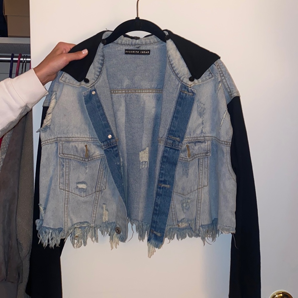 Distressed denim sweatshirt jacket with hood